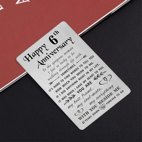 TANWIH 6th Anniversary Card for Wife - 6 Years Down Forever to Go - 6 Year Iron Wedding Anniversary Card Gifts for Her Women, Engraved Metal Walle...