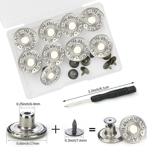 Jeans Buttons Replacement, Instant No Sew Buttons for Pants with Tool (Silver, 17MM)...