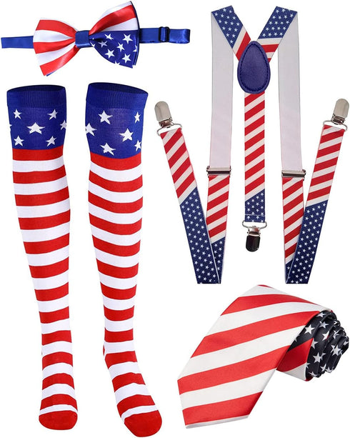 Awlsyj 4th of July Patriotic Costumes Set Elastic Suspenders Bow Tie Necktie Socks American Flag USA Independence Day Party...
