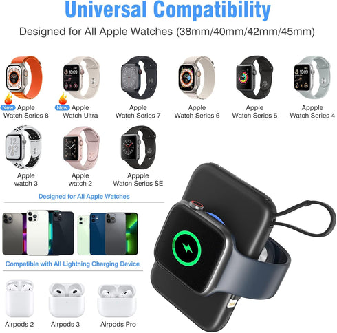 Portable Wireless Charger for Apple Watch 9/8/Ultra//4/37/6/5/2/SE, 5000mAh Magnetic iWatch Charger Power Bank with Built in Cable - Travel for Al...
