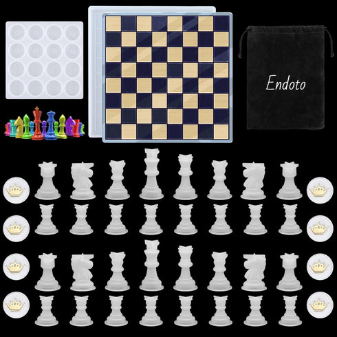 Chess Set with Checkers Board Silicone Resin Mold, 16 Pieces Full Size 3D Chess Crystal Epoxy Casting Molds for DIY Art Crafts Making, Family Part...