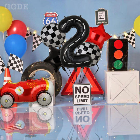 Race Car Birthday Balloons 40 Inch Racetrack Number Balloon 2 Black Boys Two Fast Birthday Race Car Theme Party Decor Supplies 5 Pcs Mylar Balloon...