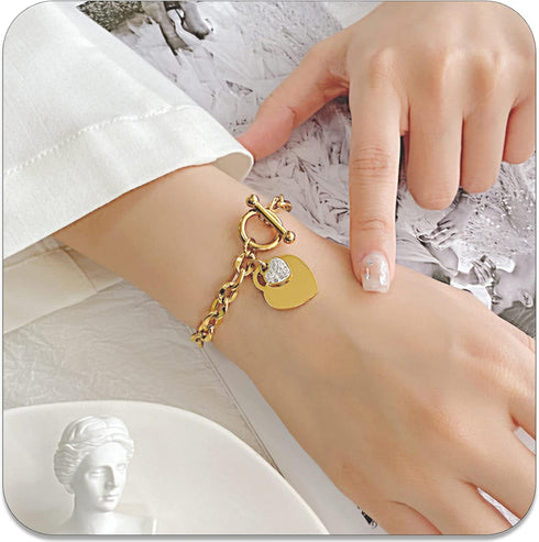 PEAS Fashion Jewelry Bracelet Stainless Steel Heart Link Chain Bracelet...