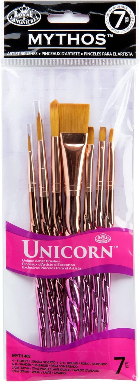 Royal & Langnickel Mythos, 7pc Unicorn Variety Craft Brush Set for All Painting Mediums, Includes - Filbert, Shader, Oval Wash, Round & Wash Brush...
