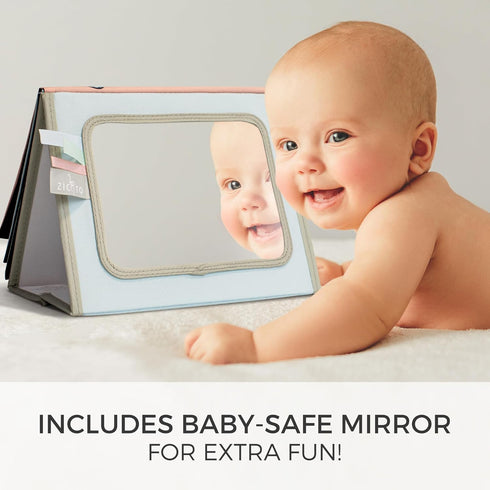 Soft Tummy Time Book w/ Large Stimulating Baby Safe Mirror - Fun High Contrast Montessori Toy w/ Mirror, Crinkle Filling & Silicone Teether - The ...