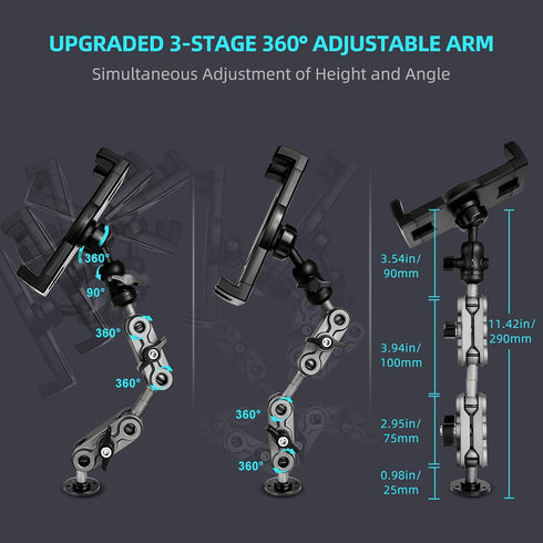 Aluminum Heavy Duty Drill Base Tablet Holder Car Mount Dashboard, 14.2“ Long 360°3-Stage Metal Stand Bracket for 4.7-12.9" iPad Pro/Air/Mini/Samsu...