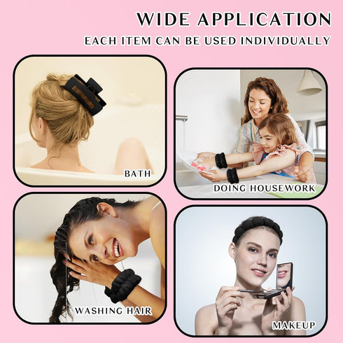 Wecoe Spa Headband And Wristband Set Skincare Headband For Washing Face Hair Claw Clips For Thick Hair Cute Black Puffy Sponge Makeup Headband Bub...