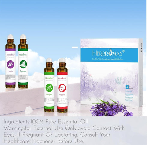 Essential Oil Roll On Set with Lavender, Peppermint, Eucalyptus & Grapefruit - Aromatherapy Relaxation Gift for Women - 4 Pack of 10ml Roll-Ons...