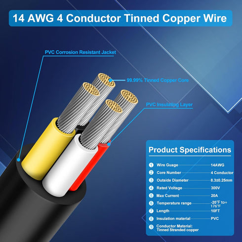 14 Gauge 4 Conductor Wire, 10FT 14/4 Tinned Copper 4 Wire Cable, Stranded Electrical Wires for Speaker,Automotive,Thermostat,Trailer,Irrigation,Sp...