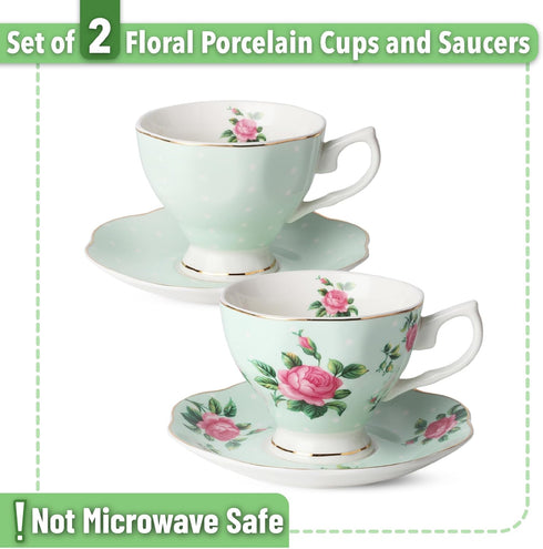 BTaT- Floral Tea Cups and Saucers, Set of 2, 8oz, Coffee Cups with Gold Trim, British Tea Cups...