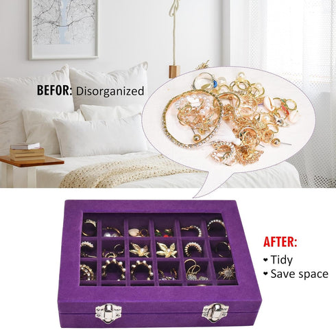 Velvet Jewelry Box 24 Grid Jewelry Ring Display Organiser Box Tray Holder Earrings Storage Case for Girls Wife Mom Women (Purple)...
