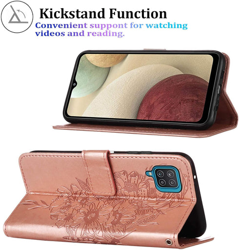 for Galaxy A12 Flip Cover Phone Case Rose Gold | Wallet, Butterfly Floral Embossed, Wrist Strap, Card Holder Slots, Stand, Leather, Protective...