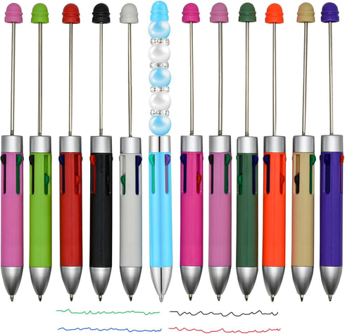 Maydahui 12PCS Multicolour Beadable Ballpoint Pens Retractable 4 in 1 Colored Bead Pen Plastic DIY Pens Cool Shaft Beaded Pen for DIY Making Schoo...