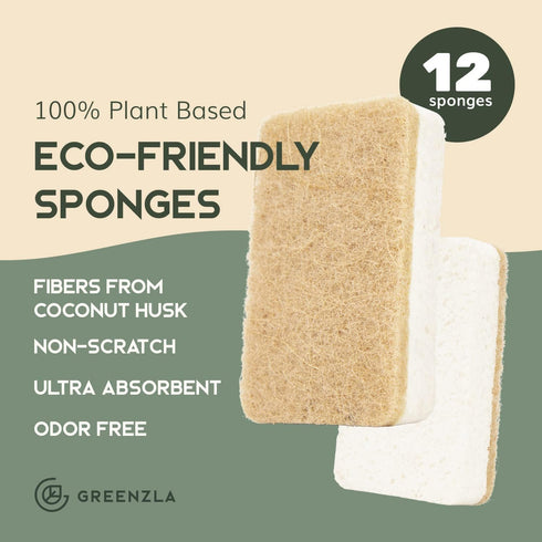 Greenzla Natural Kitchen Sponges 12 Pack - Plant-Based Biodegradable Sisal Hemp Dish Sponge - Eco-friendly, Zero-Odor, Non-Scratch Scouring Pad fo...
