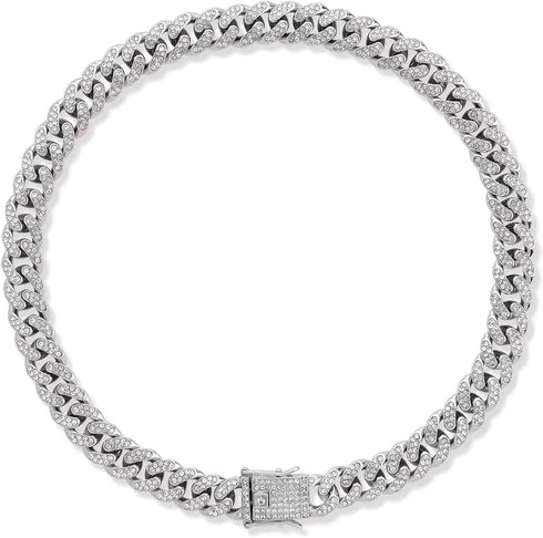 Dog Chain Silver Cuban Collars,Walking Silver Dog Metal Chain Choke Collar with Design Secure Buckle,Pet Cuban Crystal Collar Necklace Accessories...