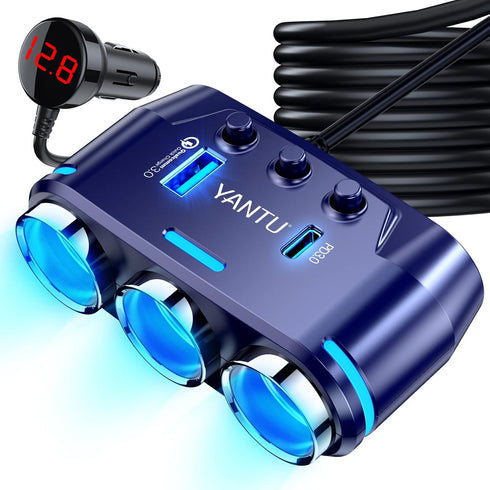 YANTU Cigarette Lighter Adapter, Car Charger Adapter 3 Socket Cigarette Lighter Splitter with LED Voltage Display PD/QC 3.0 Charger On/Off Switche...