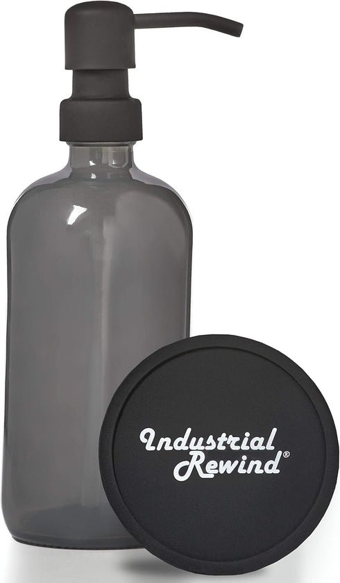 Gray Soap Dispenser with Black Pump and Non-Slip Coaster. Semi Translucent Smokey Grey 16oz Glass Bottle....