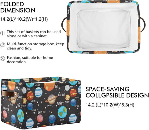 Solar System Storage Basket Collapsible Rectangle Storage Bin Shelves Basket Organizer with Leather Handle for Closet, Office, Nursery, Home Decor...