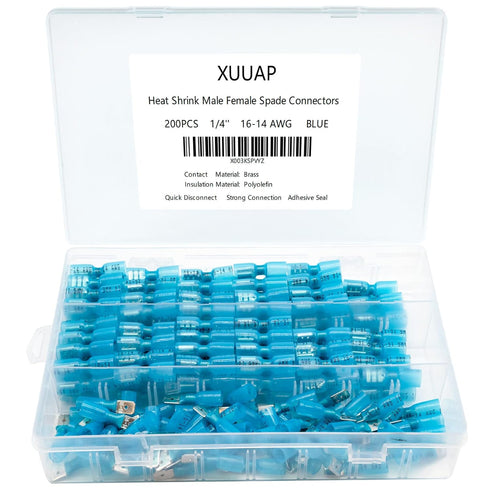 200 pcs (100 Pair) Male Female Spade Connectors F2 6.3mm 1/4'' 16-14 AWG Blue, Heat-Shrink Insulated Quick-Disconnect Electrical Crimp Terminals...