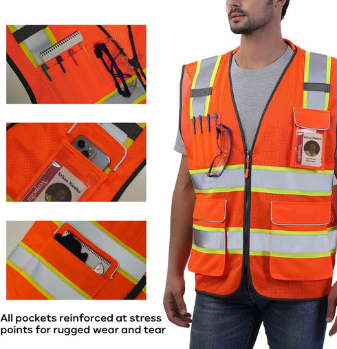 Reflective Safety Vest Orange Mesh, High Visibility Vest with Pockets and Zipper, Padded Neck, Construction Work Vest ANSI Class 2, Orange with Ye...
