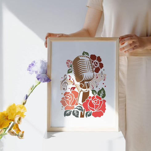 FINGERINSPIRE Music Flower Stencil 11.7x8.3 inch Plastic PET Microphone Stencil Reusable Rose Flower Craft Stencils Music Notes Stencil Template f...