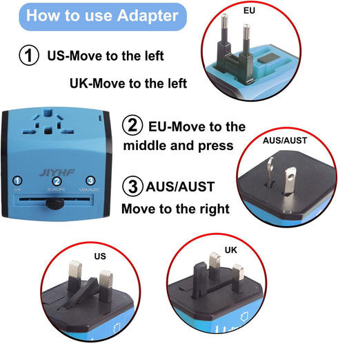 JIYHF International Travel Plug Adapter, Mobile Phones Charger All-in-One International Plug Adapter with 3 USB Ports and 1 AC Socket Adaptor for ...