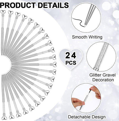 Hushee 24 Pcs Heart Shaped Pens Glitter Retractable Metal Ballpoint with Black Ink Wedding Diamond Crystal Pens Bridal Shower Pens for Wedding Off...