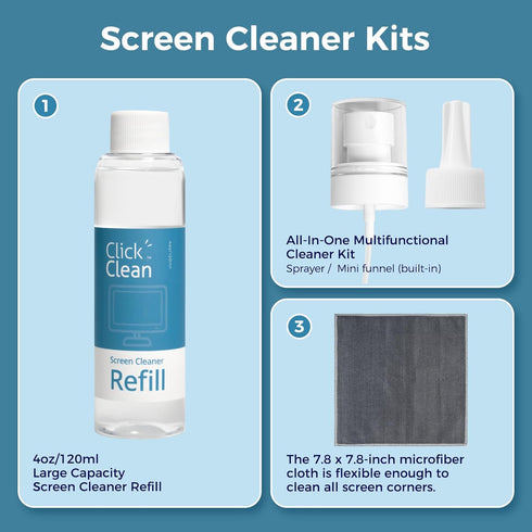Click Clean Screen Cleaner Refill Kits - 4 oz Cleaner Refill and 1 Microfiber Cloth(7.8 x 7.8in), 1 Mini Refill Funnel + 1 Sprayer - Specially Des...