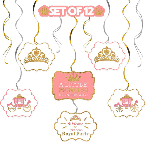 LINGTEER A Little Princess Royal Crown Pink Swirls Streamers - 12 pcs Princess Baby Girl Birthday Shower Party Decorations Gift Sign....