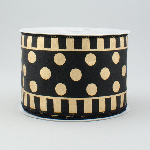 Dots & Stripes Wired Edge Ribbon - 2.5" x 10 yards (Black, Gold)...