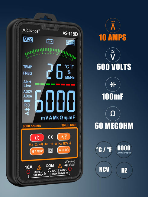 AS-118D Smart Digital Multimeter Auto-Ranging Voltmeter Electrical Tester Measures Voltage Current Capacitance Resistance Continuity Duty-Cycle Te...