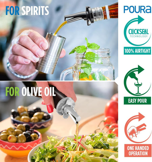 3-in-1 Liquor Pour Spout | Olive Oil Spout with Built-in Caps for Optimal Fly and Dust Protection - Dishwasher Safe, Hygienic Alcohol Speed Spouts...