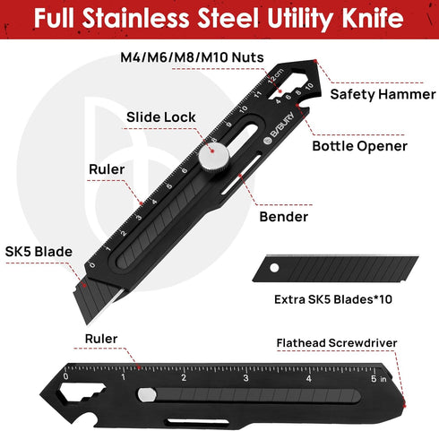 BIBURY 2 Pack Utility Knife, Heave Duty Full Stainless Steel Retractable Box Cutter with 10PCS replaceable Blades (18mm Wide), Multi-functional Ex...
