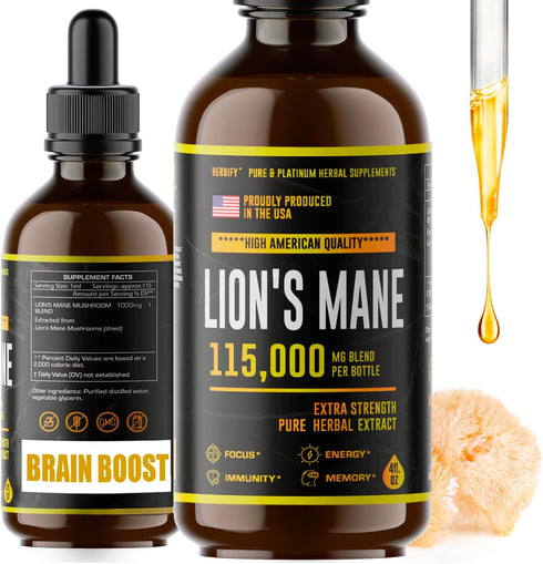 Lions Mane Supplement - Daily Mushroom Supplement for Memory, Focus & Clarity - Brain Booster - Lions Mane Tincture for Natural Immune Support - V...