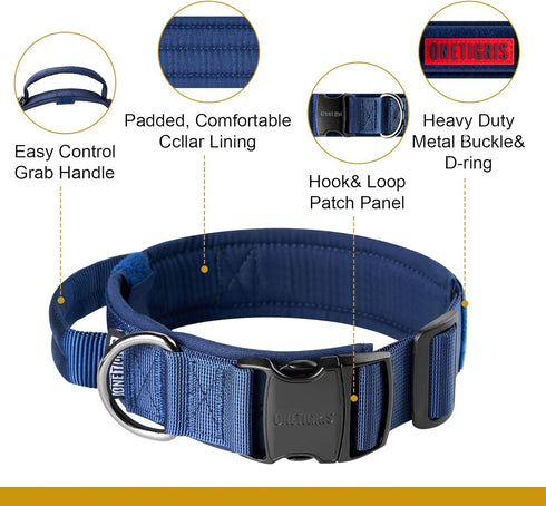 Tough Dog Collars, Tactical Dog Collar with Handle, Milltary Adjustable Dog Collar with Heavy Duty Metal Buckle for Training (Medium,Blue)...
