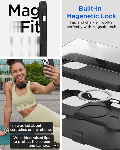 AICase for iPhone 15 Belt Clip Case with Glass Screen Protector,Heavy Duty Drop Protection Full Body Rugged Shockproof Military Protective Tough D...