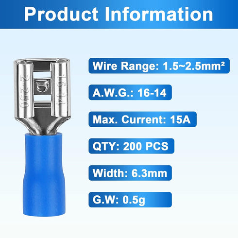 200 Pcs Female and Male Quick disconnects Vinyl Insulated Spade Wire Connectors, Blue Electrical Crimp Terminal 16-14 AWG (6.3mm)...