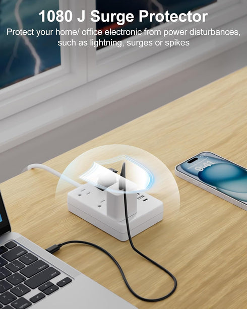 2 Prong Power Strip with USB-C, ROOTOMA 2 Prong to 3 Prong Outlet Adapter, 1080J 2 Prong Surge Protected with 3 Outlet & 4 USB, 3 Prong Adapter 4f...