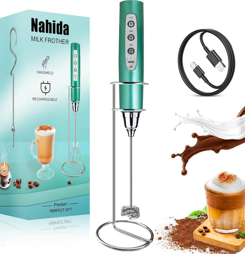 Green Milk Frother Wand for Coffee, Frother Handheld with Stand Rechargeable Electric Whisk with 3 Heads 3 Speeds Drink Mixer Coffee Frother Foam ...