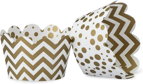 Gold and White Cupcake Wrappers for Weddings, Graduations, Kids and Adult Birthday Parties, Baby Showers. Set of 24 Reversible Cup Cake Holder Wra...