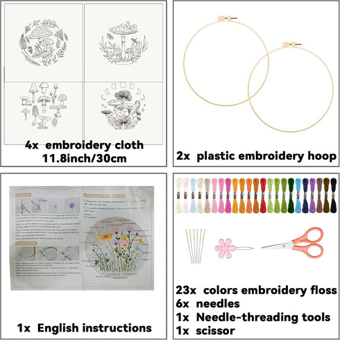 ORIGACH 4 Pcs Mushroom Embroidery Starters Kit for Beginners with Pattern and Instructions, Beginners Embroidery Stitch Practice kit Include Embro...