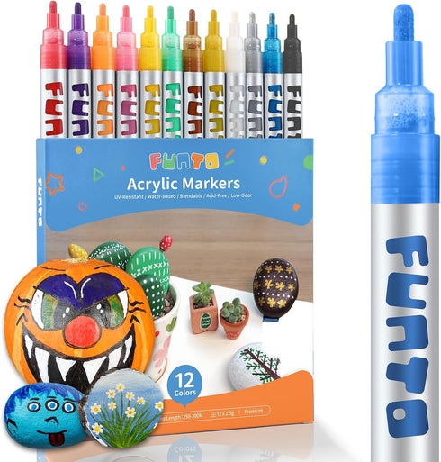 Funto Acrylic Paint Pens for Rock Painting, Fabric, Wood, Canvas, Metal, Ceramic, Glass, 12 Colors Paint Marker Set, Non-Toxic, Quick Drying...