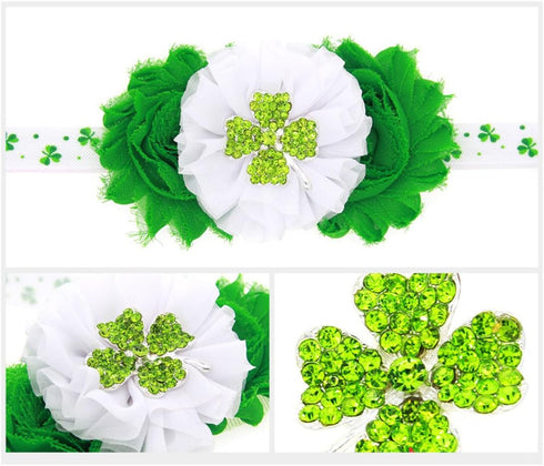 St. Patrick's Day Headband Baby Four Leaf Green Clover Flower Hair Bow Band JHSP06 (B)...