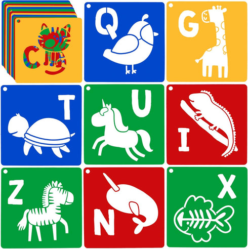 26 Pieces Sturdy Stencils for Kids, 8 Inches Large Sidewalk Chalk Stencils for Kids, Animal Shape Stencils with Alphabet Letters Themed Template, ...