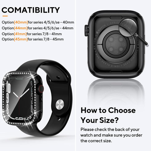 2 in 1 Bling Waterproof Case for Apple watch Series 8 7 45mm, 360 Protective PC Cover Front & Back Bumper with Tempered Glass Screen Protector, Cr...