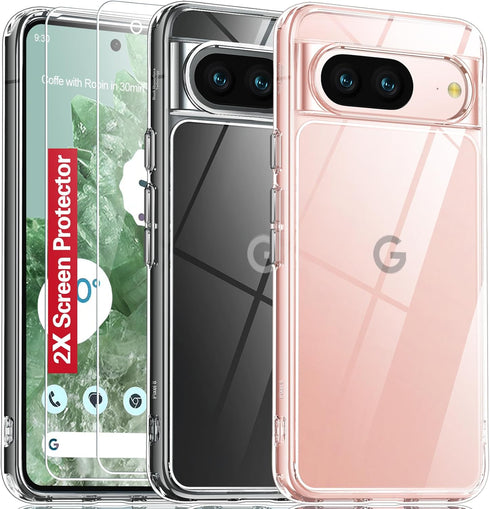 Oterkin Google Pixel 8 Clear Case, 20X Anti-Yellowing, Built-in 4 Airbags, 10FT Military Protection, Tempered Glass Screen Protector, Slim Fit......