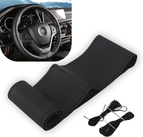 1 PC Car Steering Wheel Cover with 2 PCS Sewing Tool, 14.9In Durable Waterproof Leather Steering Wheel Protector, Universal Breathable Elastic Ste...