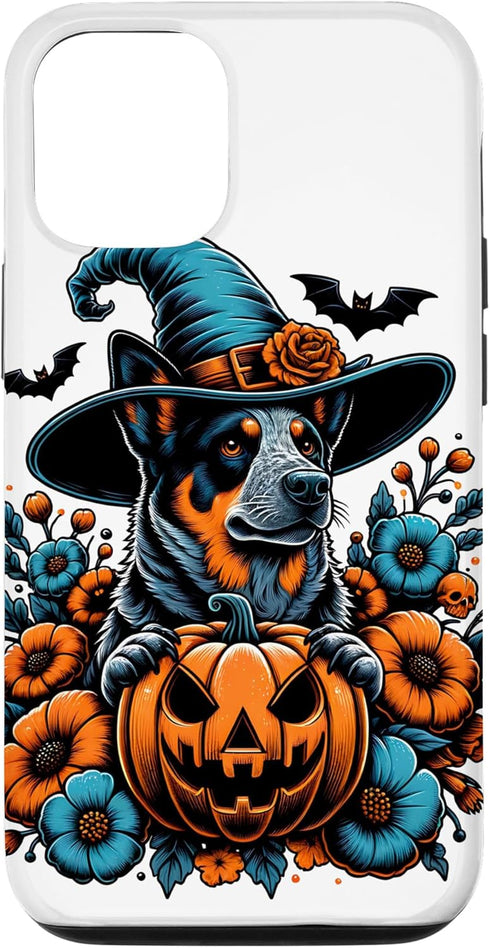 iPhone 14 Pro Witchy Blue Heeler Dog Scary Pumpkin Autumn Retro Flowers Case...