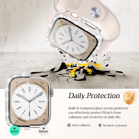Goton 2 Pack Bling Screen Protector Case for Apple Watch Series 9 8 7 41mm with Tempered Glass, Women Glitter Diamond Rhinestone Full Protective B...