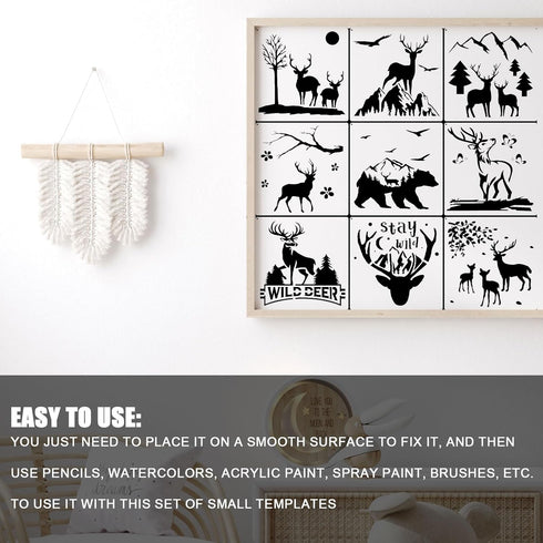 9 Pcs Large Deer Stencils for Painting - Reusable Forest Mountain Tree Deer Head Stencils Painting Templates for Scrapbooking Drawing Wood Wall Ca...